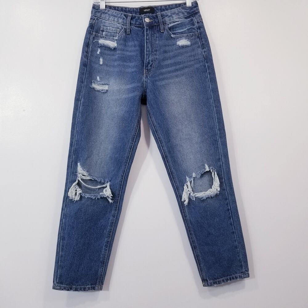 VERVET 100% Cotton Mom Jean Fit Distressed Relaxed Blue Denim Hi-Rise